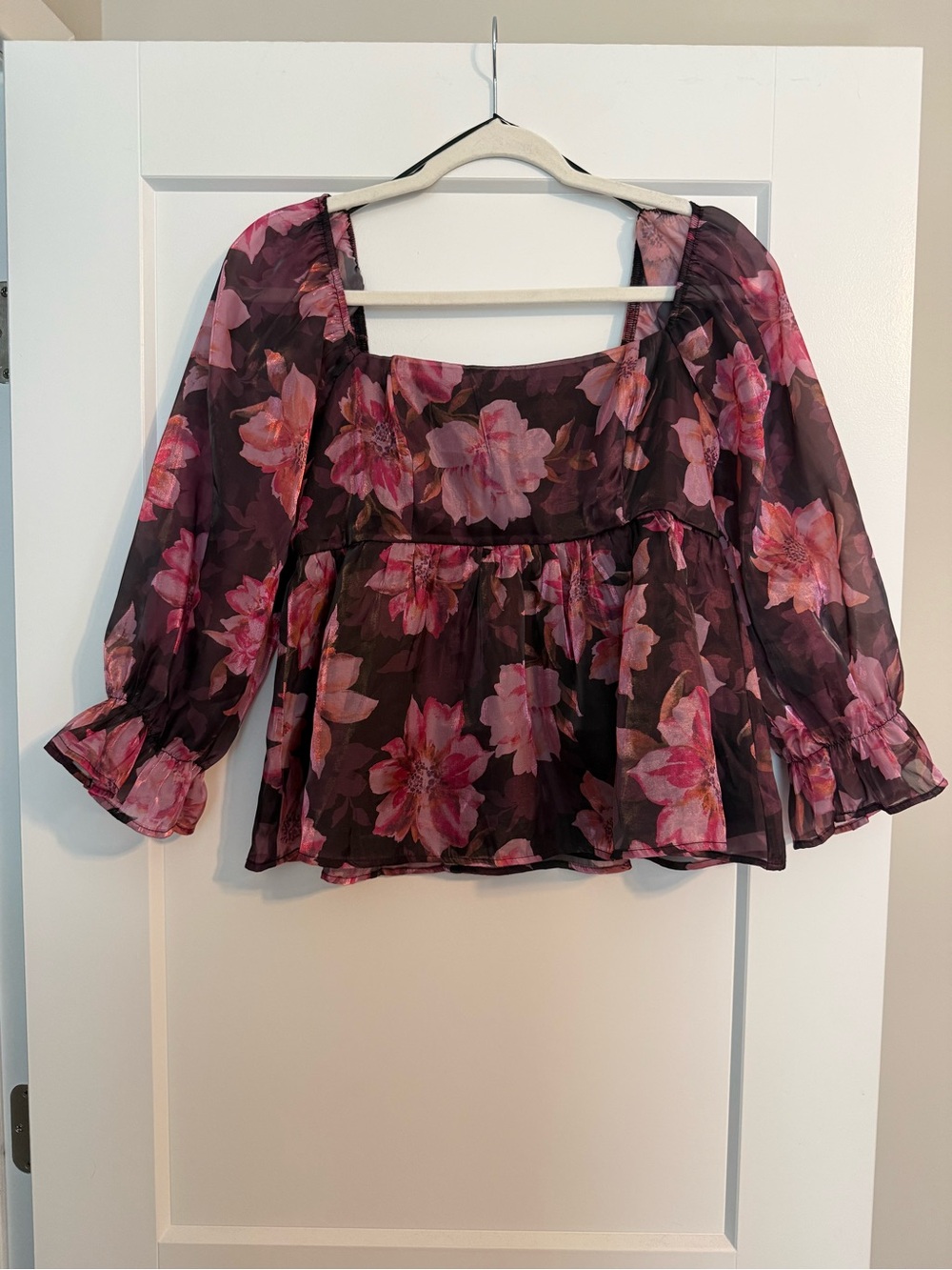 Sheer Square-Neck Peplum Blouse with Pink Floral Print